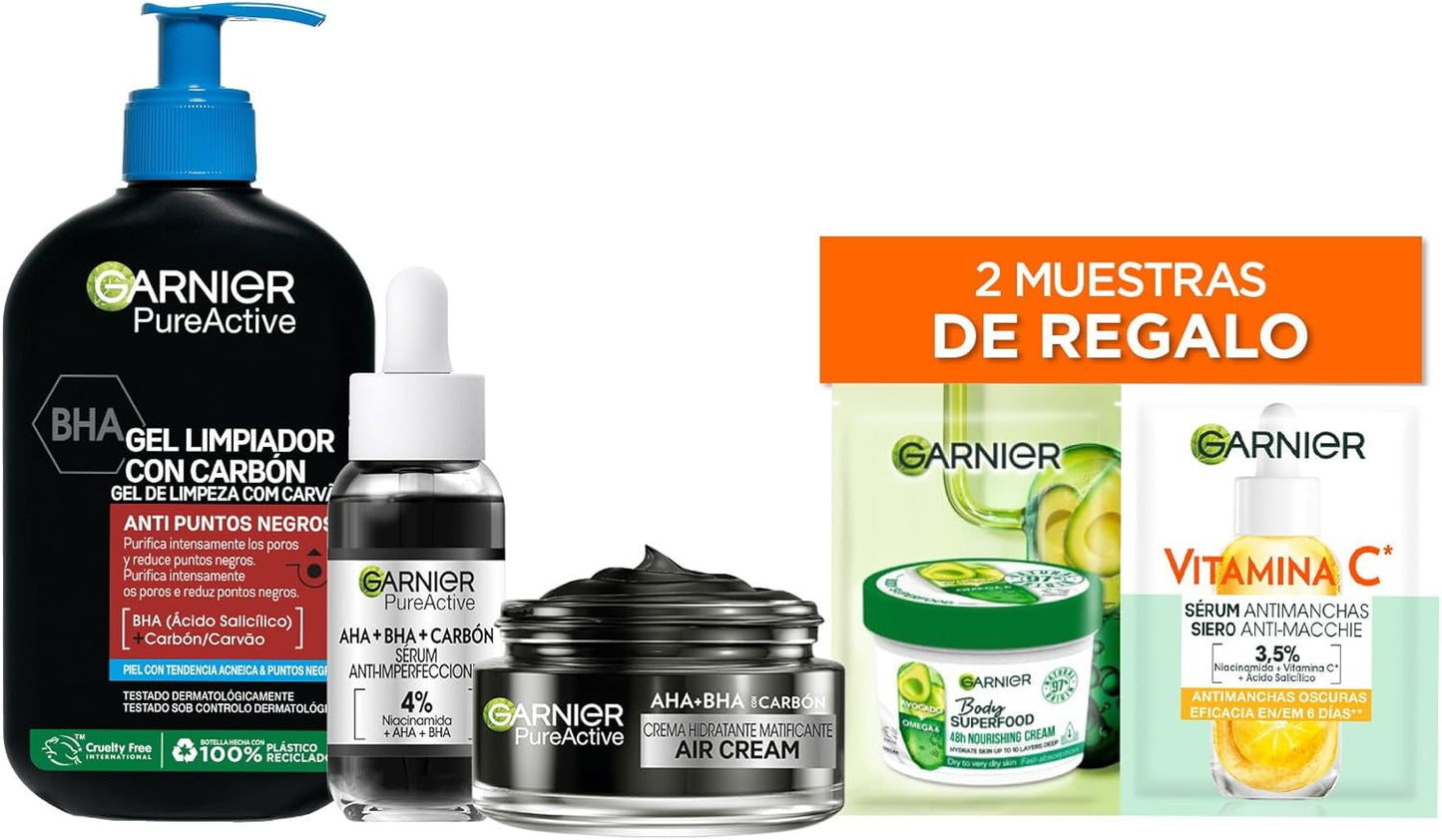 Garnier Pure Active Pack Rutina anti Imperfecciones, Gel Limpiador anti Puntos Negros 250 Ml, Serum Anti-Imperfecciones Con 4% De Niacinamida, Crema Hidratante Matificante Con AHA+BHA Y Carbón